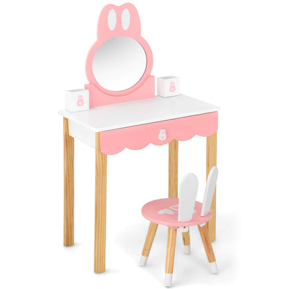 Kids Vanity Set Rabbit Makeup Dressing Table Chair Set with Mirror and Drawer