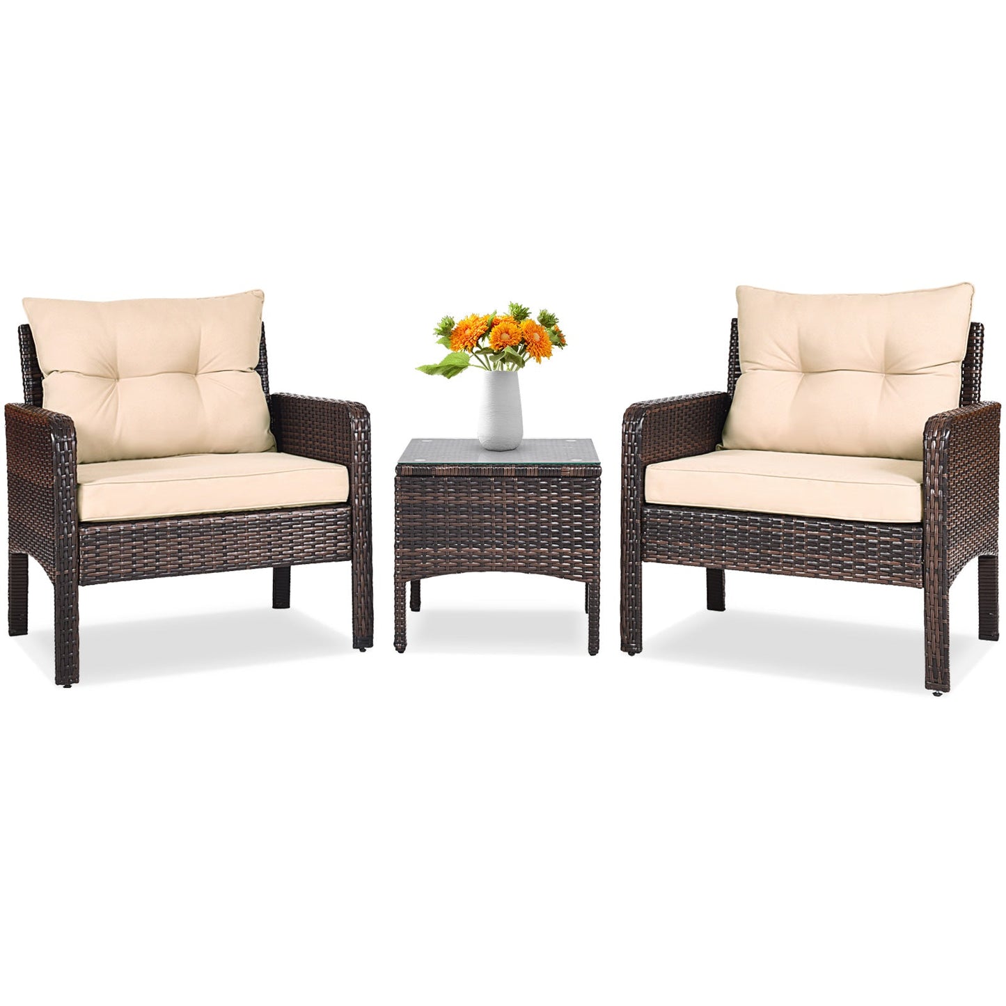 Juego de 3 piezas de conversación para patio exterior de ratán con cojines de asiento - Beige