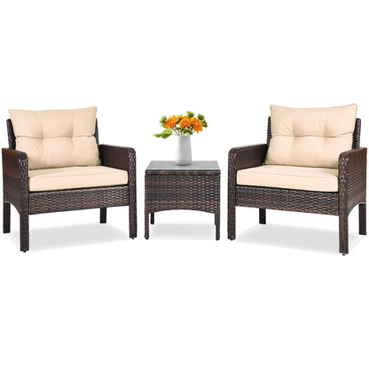 Juego de 3 piezas de conversación para patio exterior de ratán con cojines de asiento - Beige