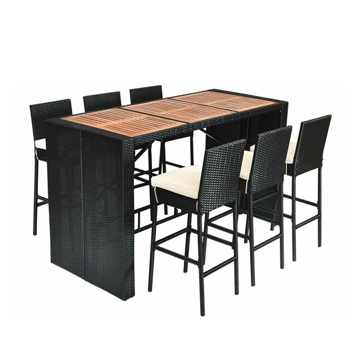 7-piece patio rattan wicker dining set by DirectDeals with black weave and wooden tabletop on Tampa Home & Garden Store