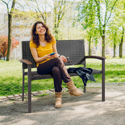 Banco de mimbre de ratán para patio exterior con reposabrazos para jardín