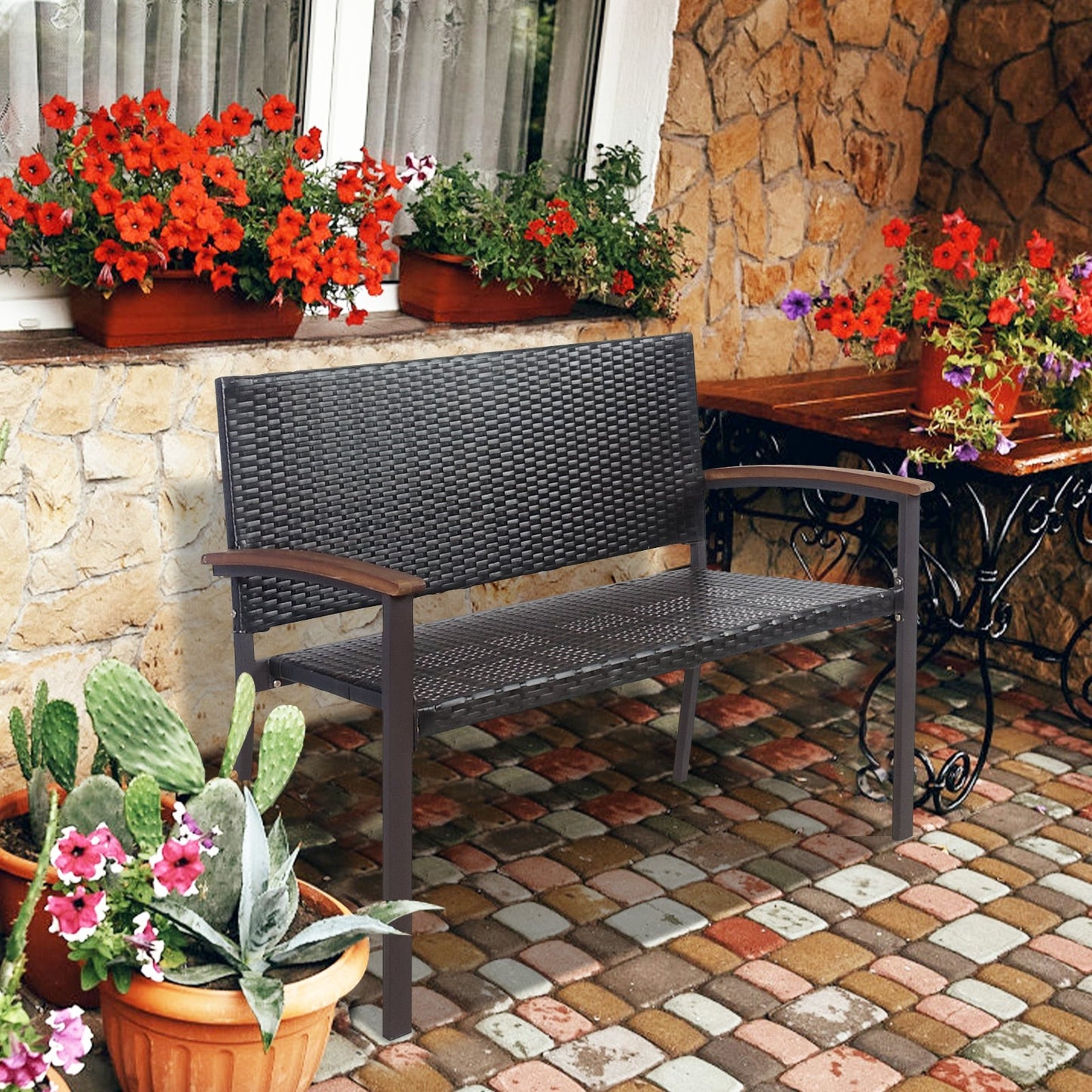 Banco de mimbre de ratán para patio exterior con reposabrazos para jardín