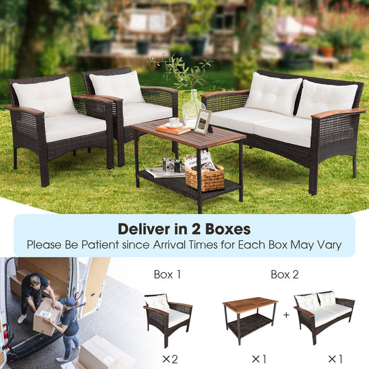 4 Pieces Patio Rattan Acacia Wood Furniture Set with Cushions and Armrest - Tampa Home & Garden Store