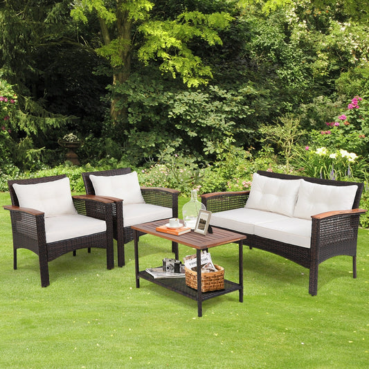4 Pieces Patio Rattan Acacia Wood Furniture Set with Cushions and Armrest - Tampa Home & Garden Store