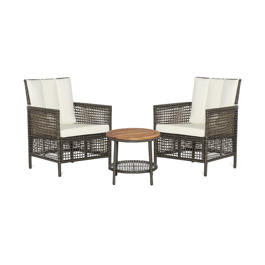 3 Pieces Patio Rattan Furniture Set with Cushioned Sofas and Wood Table Top-White - Tampa Home & Garden Store