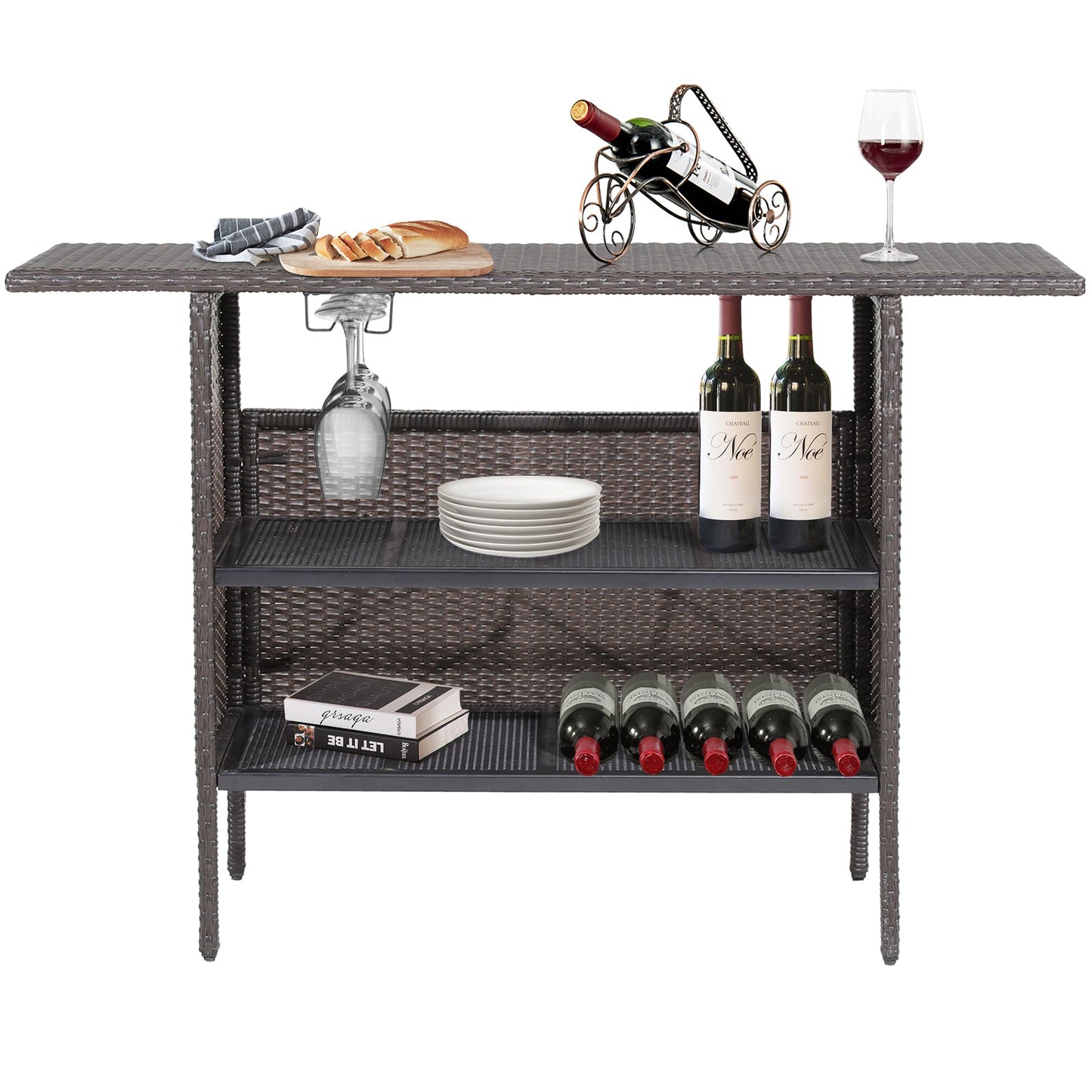 Mesa de bar de mimbre para exterior con 2 estantes de malla metálica