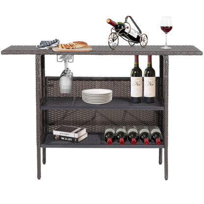 Mesa de bar de mimbre para exterior con 2 estantes de malla metálica