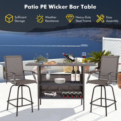Mesa de bar de mimbre para exterior con 2 estantes de malla metálica