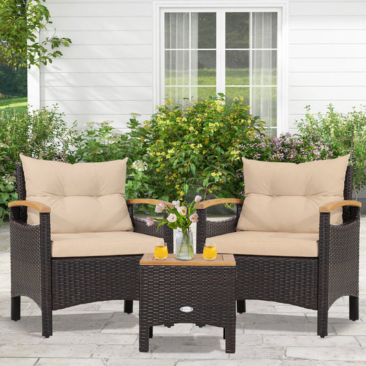 3 Pieces Patio Rattan Furniture Set with Removable Cushions-Beige - Tampa Home & Garden Store