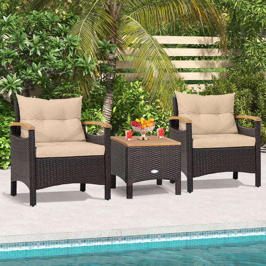 3 Pieces Patio Rattan Furniture Set with Removable Cushions-Beige - Tampa Home & Garden Store