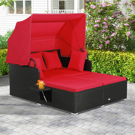 Patio Rattan Daybed with Retractable Canopy and Side Tables-Red - Tampa Home & Garden Store
