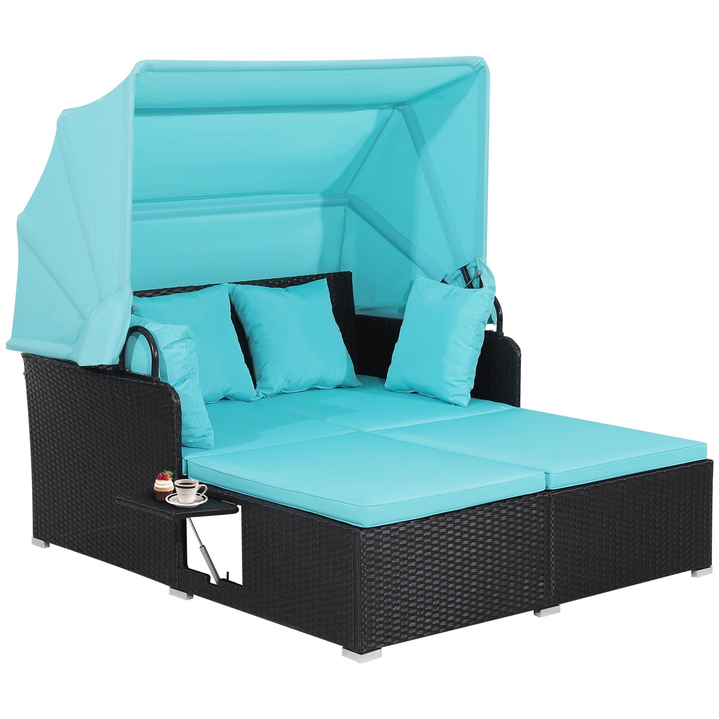 Patio Rattan Daybed with Retractable Canopy and Side Tables-Red