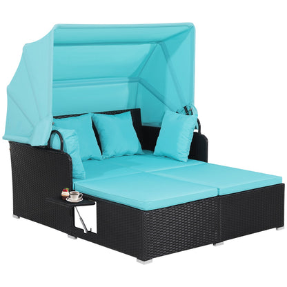 Patio Rattan Daybed with Retractable Canopy and Side Tables-Red