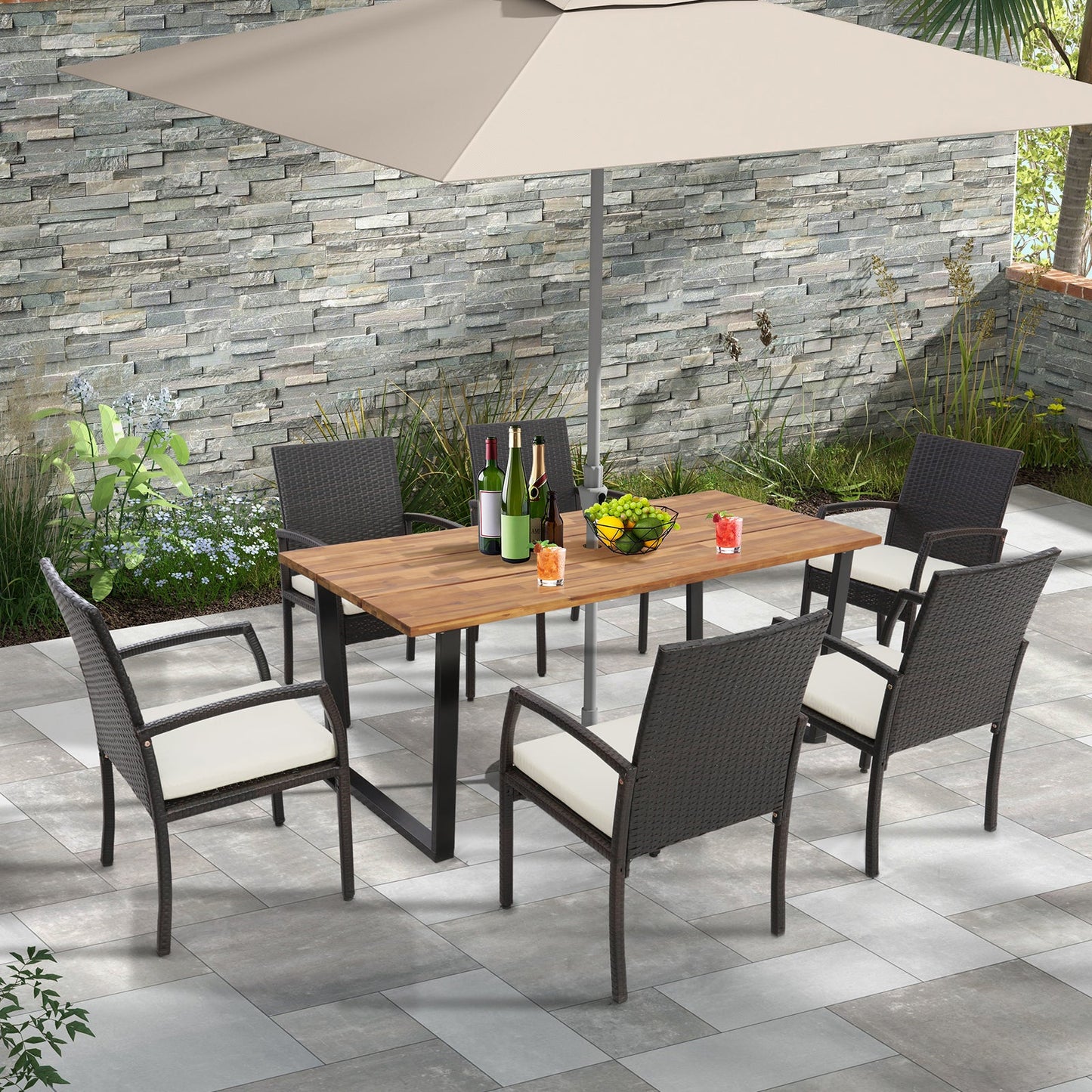 Mesa de comedor para exteriores de madera de acacia para 6 personas con orificio para sombrilla de 5 cm