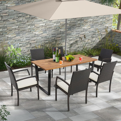 Mesa de comedor para exteriores de madera de acacia para 6 personas con orificio para sombrilla de 5 cm