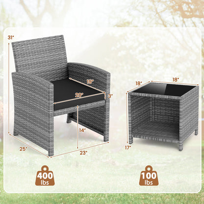 3 Pieces Patio Furniture Set with Tempered Glass Coffee Table and Soft Seat Cushions-Black