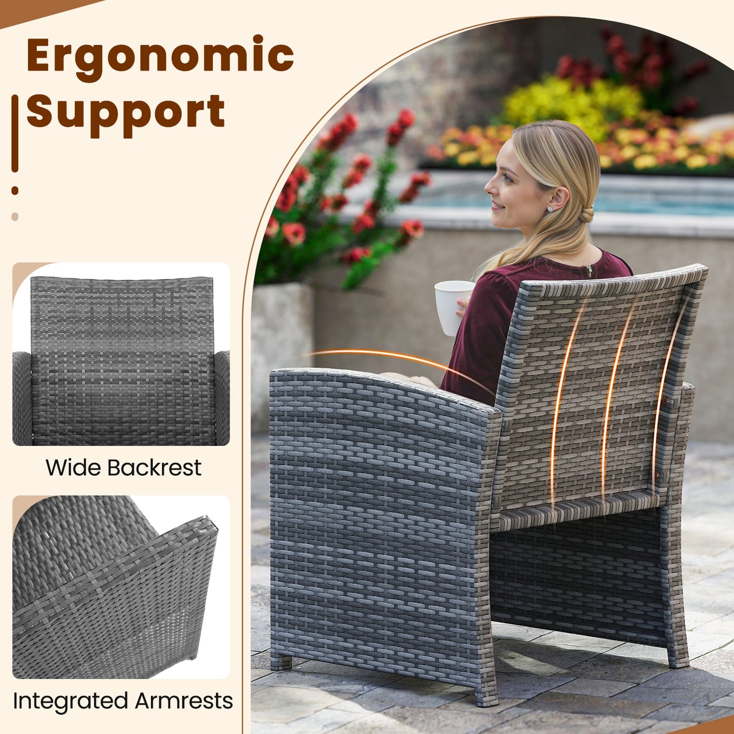 3 Pieces Patio Furniture Set with Tempered Glass Coffee Table and Soft Seat Cushions-Black