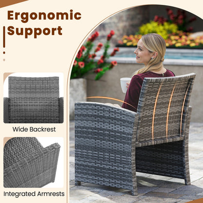 3 Pieces Patio Furniture Set with Tempered Glass Coffee Table and Soft Seat Cushions-Black