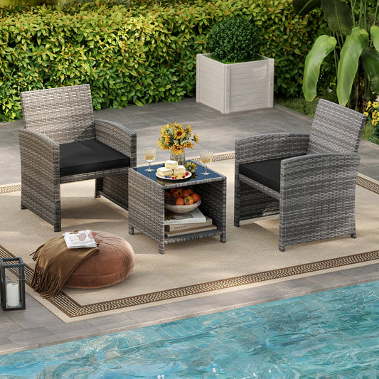 3 Pieces Patio Furniture Set with Tempered Glass Coffee Table and Soft Seat Cushions-Black - Tampa Home & Garden Store