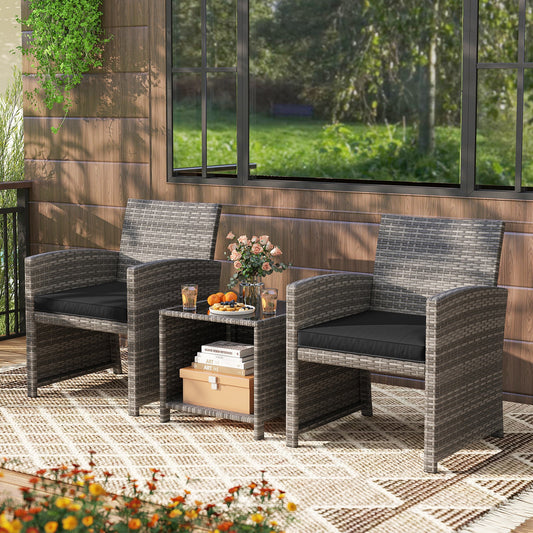 3 Pieces Patio Furniture Set with Tempered Glass Coffee Table and Soft Seat Cushions-Black - Tampa Home & Garden Store