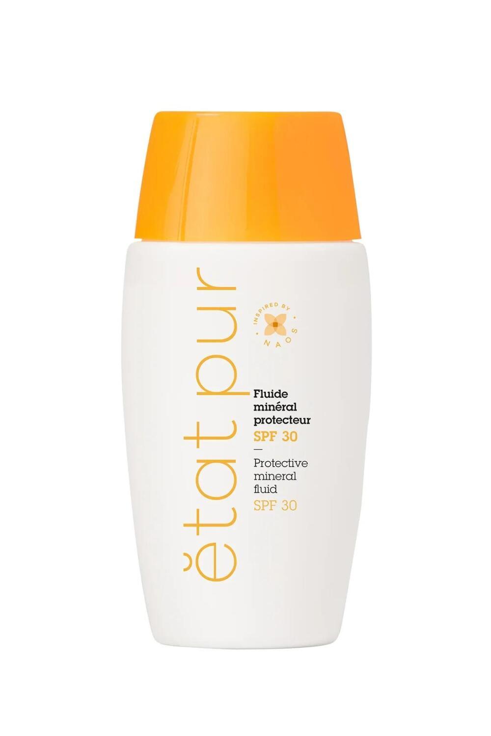 Sunscreen Fluid SPF 30 by Etat Pur, mineral, white bottle with orange cap on Tampa Home & Garden Store