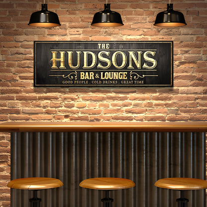 Custom Bar Sign II canvas by Tailored Canvases with gold HUDSONS BAR & LOUNGE lettering on wood panel on Tampa Home & Garden Store