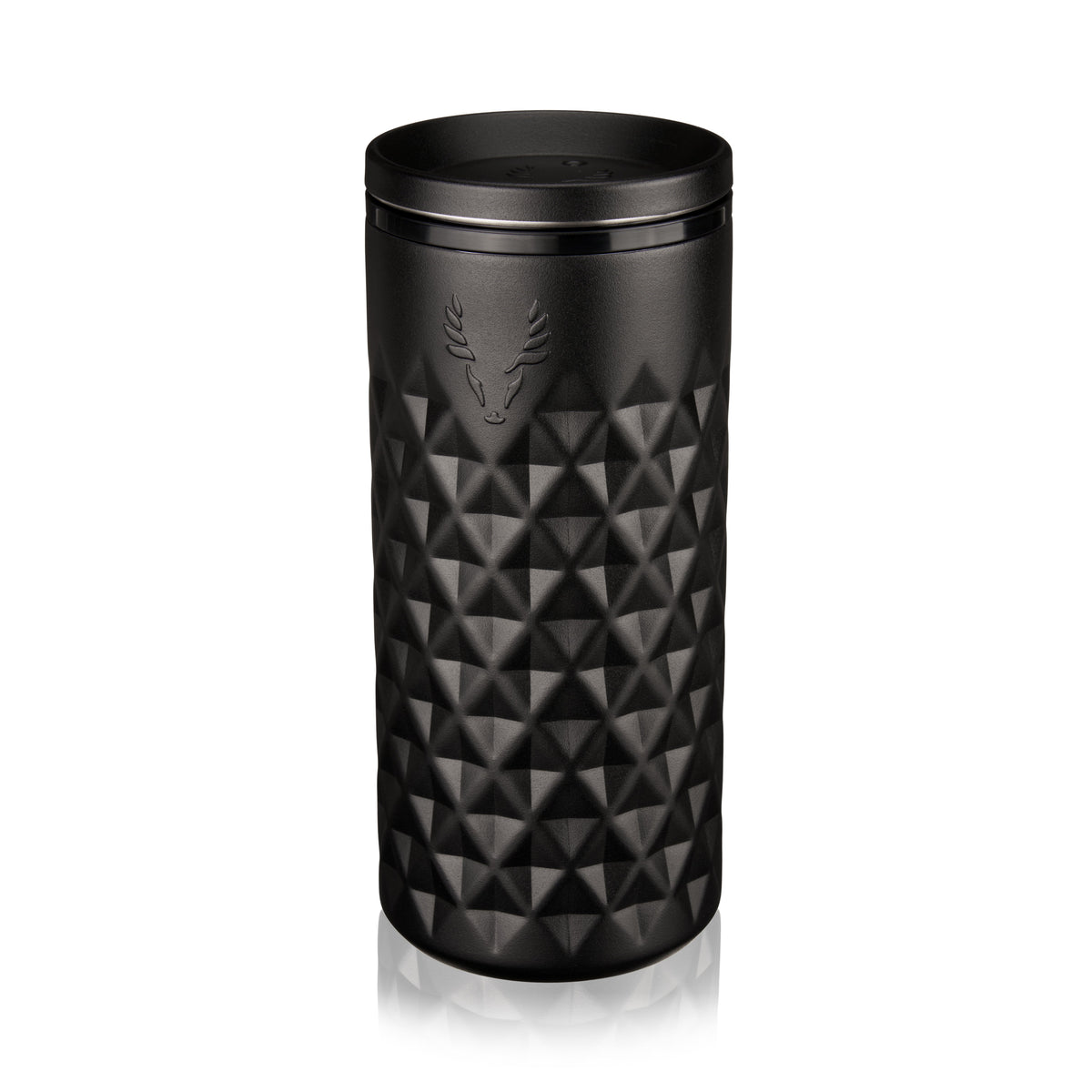 Paragon Viski stainless steel highball tumbler in obsidian with geometric texture and lid on Tampa Home & Garden Store