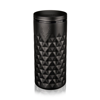 Paragon Viski stainless steel highball tumbler in obsidian with geometric texture and lid on Tampa Home & Garden Store