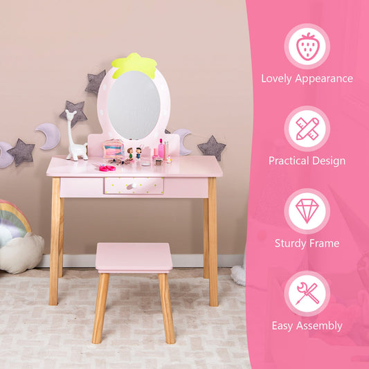 2-in-1 Children Vanity Table Stool Set with Mirror-Pink - Tampa Home & Garden Store