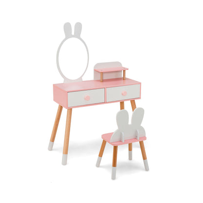 Kids Vanity Table and Chair Set with Drawer Shelf and Rabbit Mirror