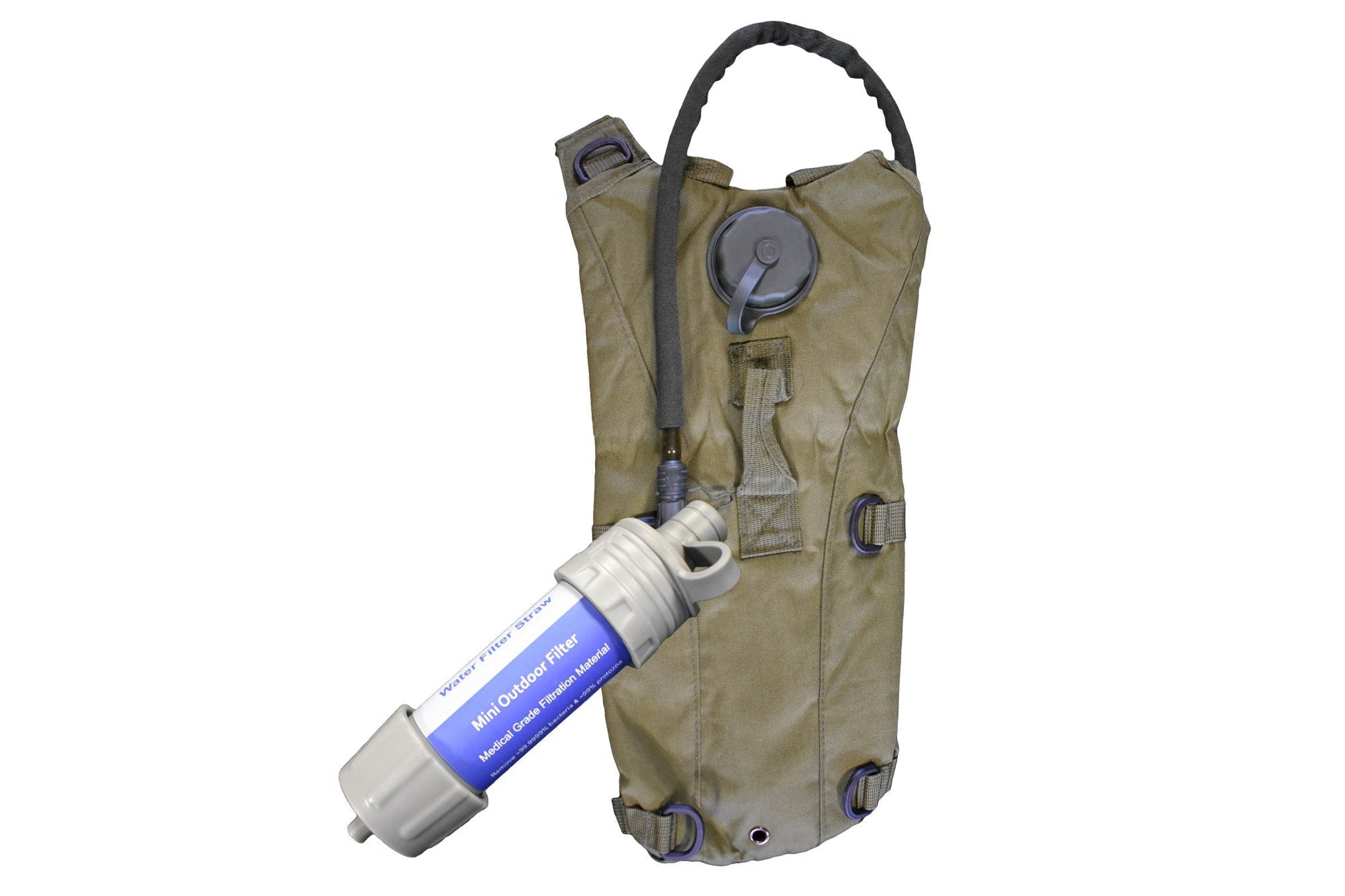 Hydration Kit from River Country Gear in olive pack with external water filter cartridge on Tampa Home & Garden Store