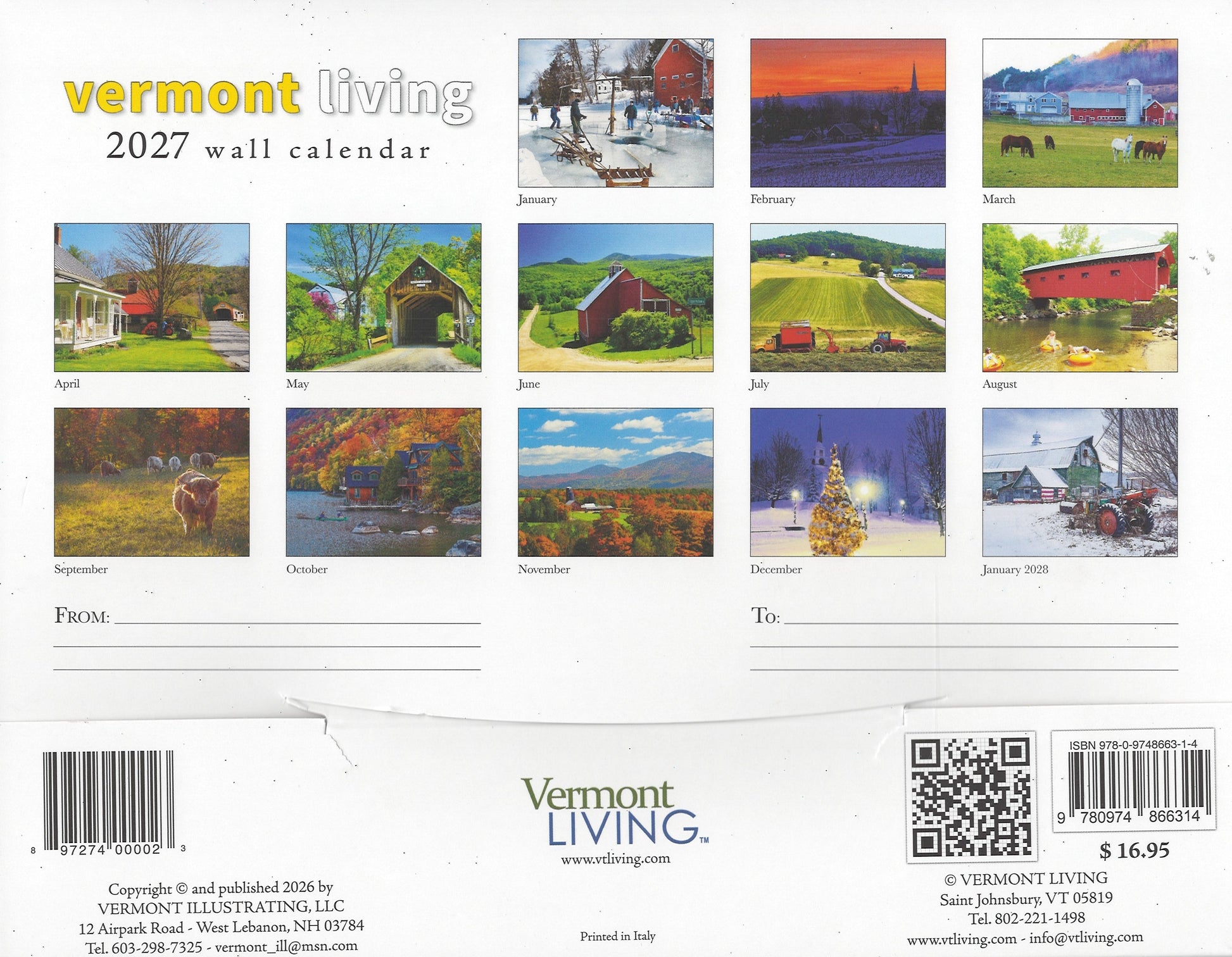 2027 Vermont Living wall calendar back cover with grid of monthly photo thumbnails on Tampa Home & Garden Store