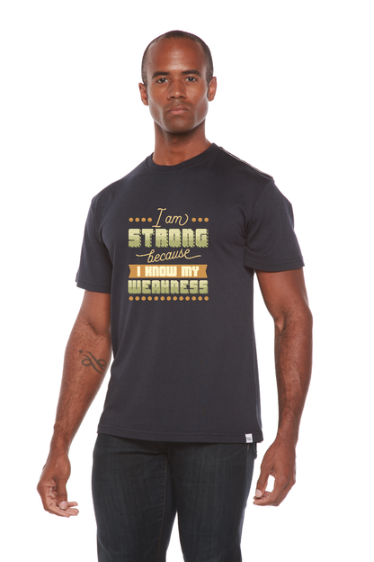 Mens graphic T-shirt I am Strong by Spun Bamboo navy viscose/organic cotton beige print on Tampa Home & Garden Store