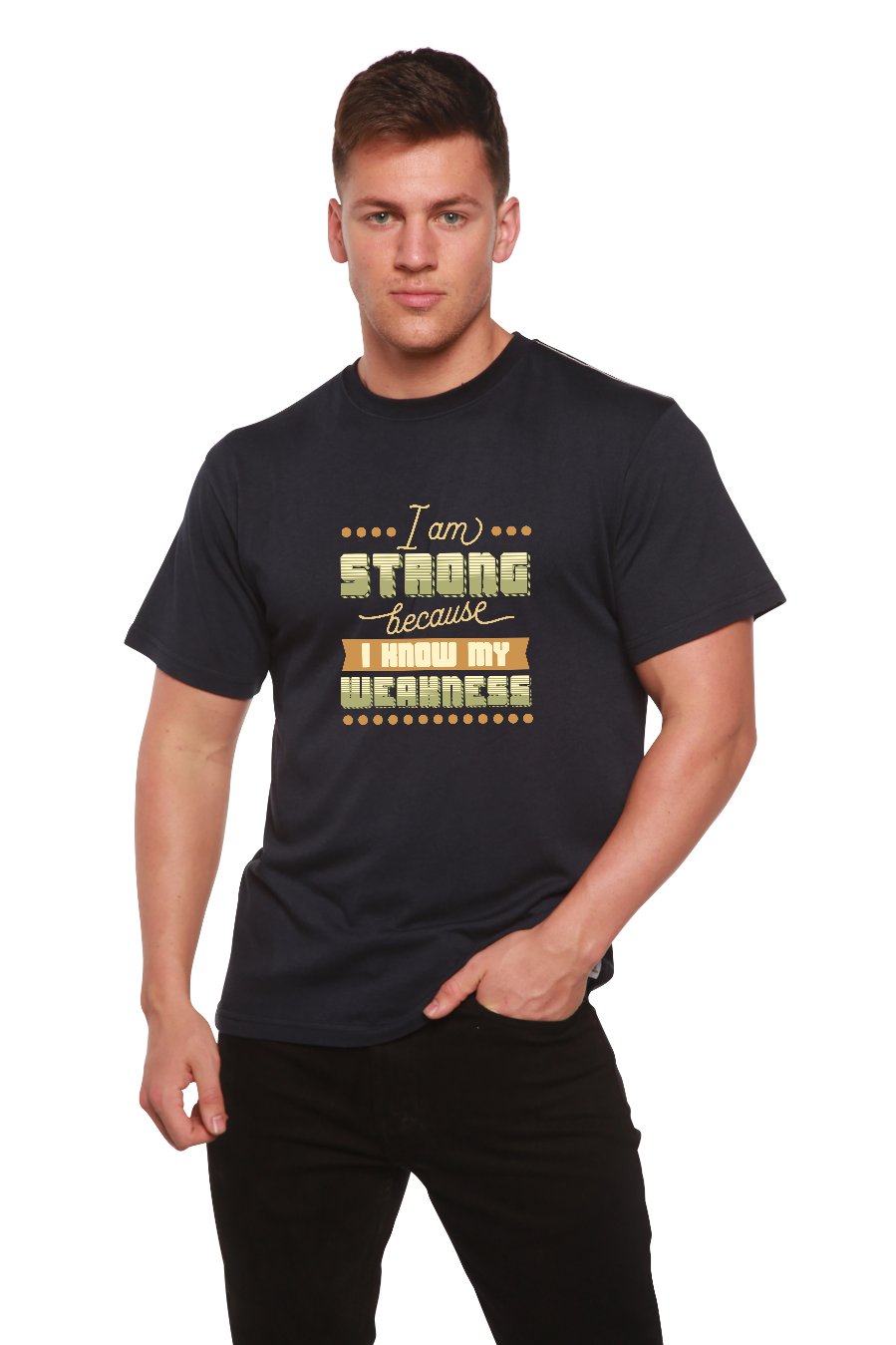 I am Strong men's bamboo viscose/organic cotton tee, black with beige typography on Tampa Home & Garden Store