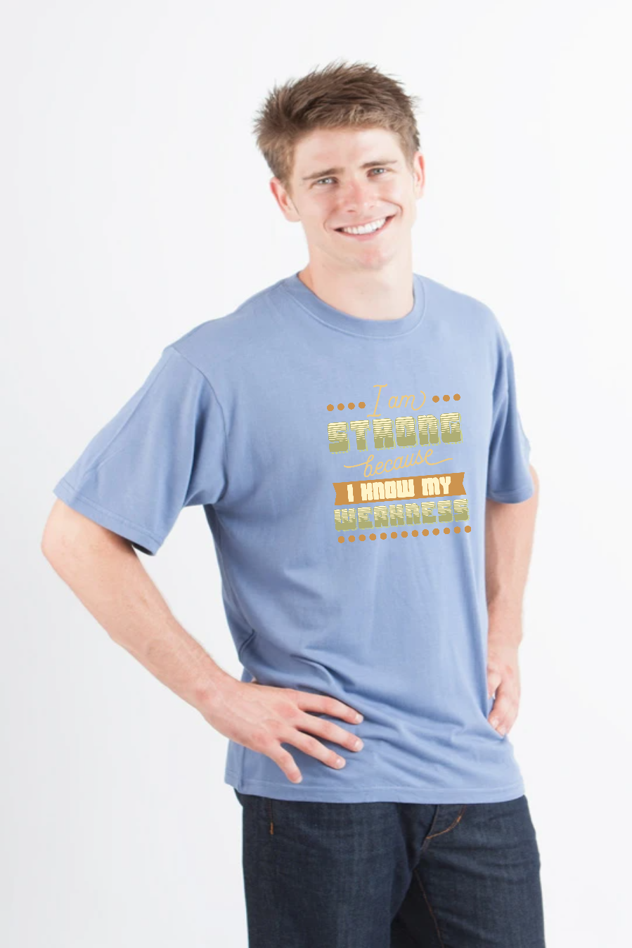 Men's blue bamboo viscose/organic cotton graphic short sleeve T-shirt I am Strong design on Tampa Home & Garden Store