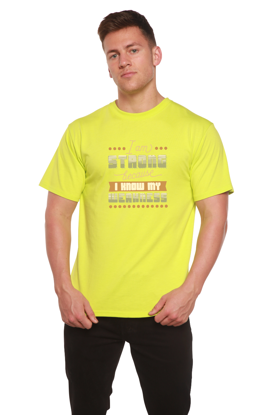 Mens neon yellow bamboo viscose/organic cotton graphic T-shirt with I am Strong print on Tampa Home & Garden Store