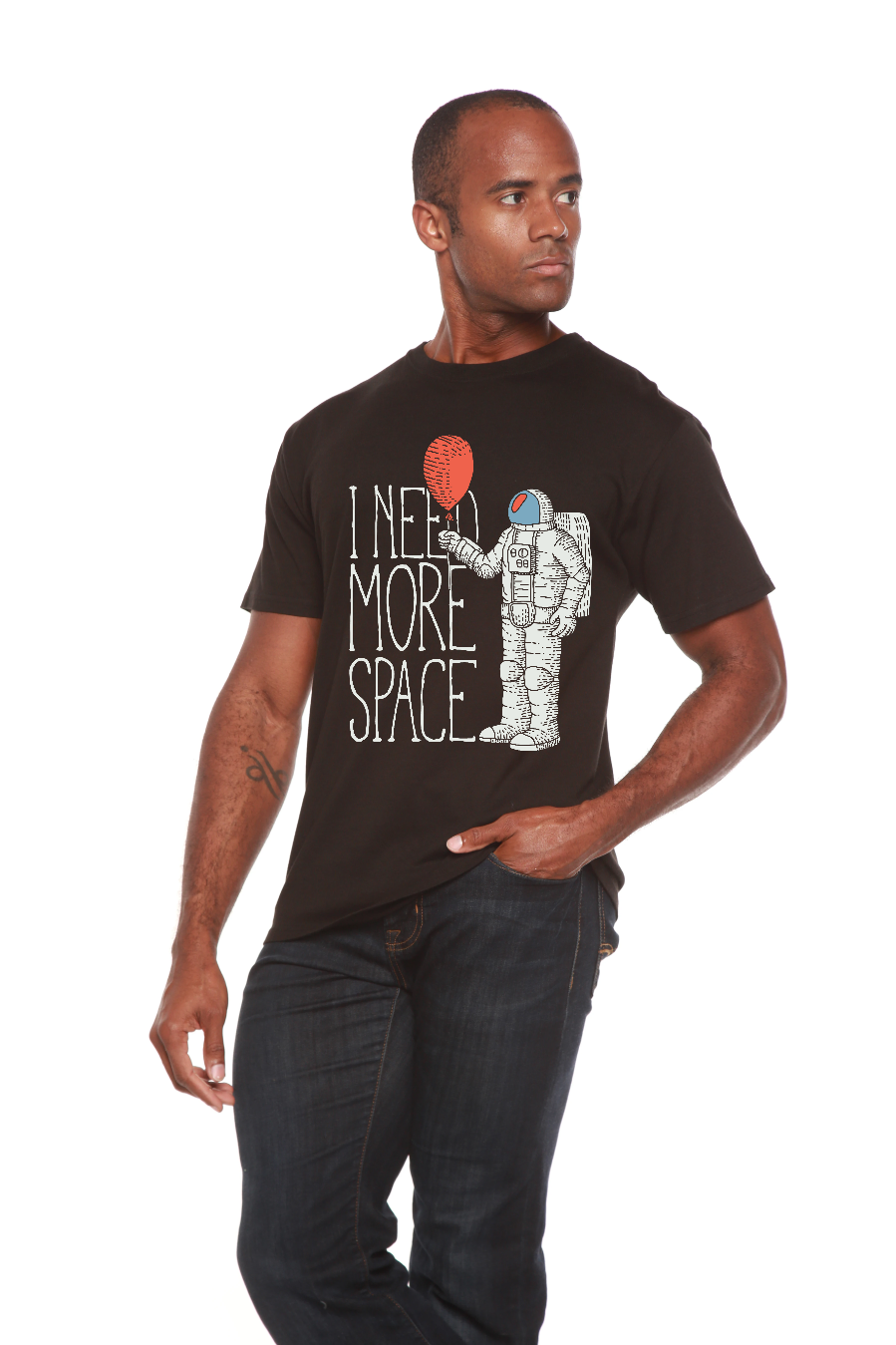 Men's Spun Bamboo black T-shirt with astronaut and red balloon I NEED MORE SPACE print on Tampa Home & Garden Store