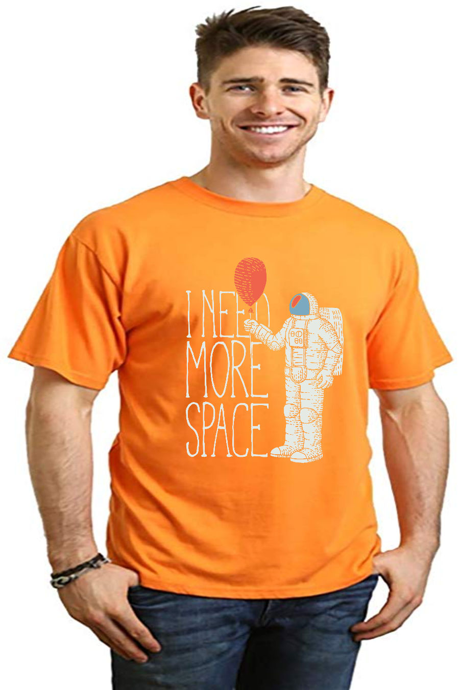 Mens orange bamboo viscose organic cotton graphic tee with astronaut I NEED MORE SPACE on Tampa Home & Garden Store
