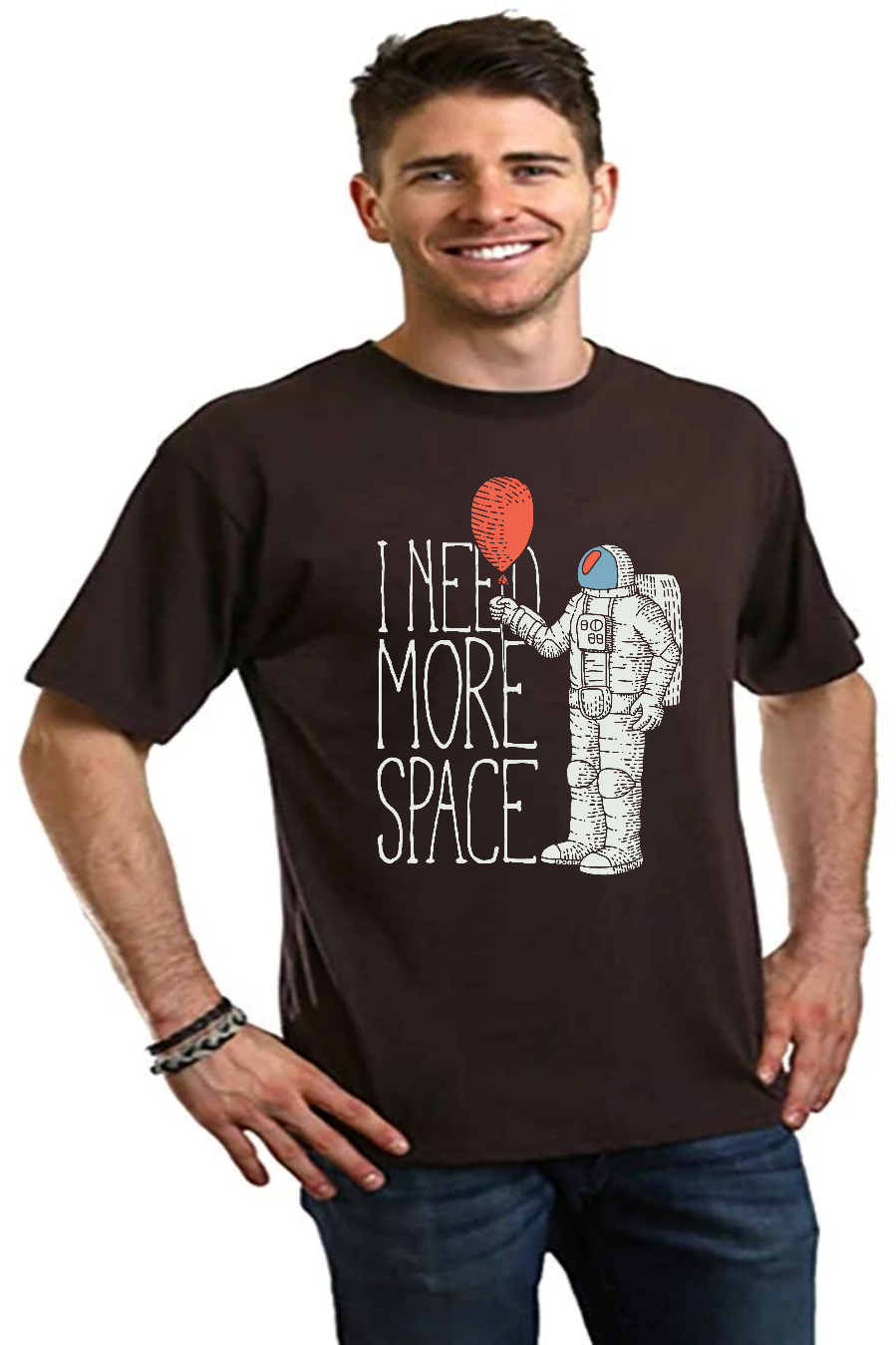 I Need More Space graphic tee for men in brown by Spun Bamboo with astronaut and red balloon on Tampa Home & Garden Store