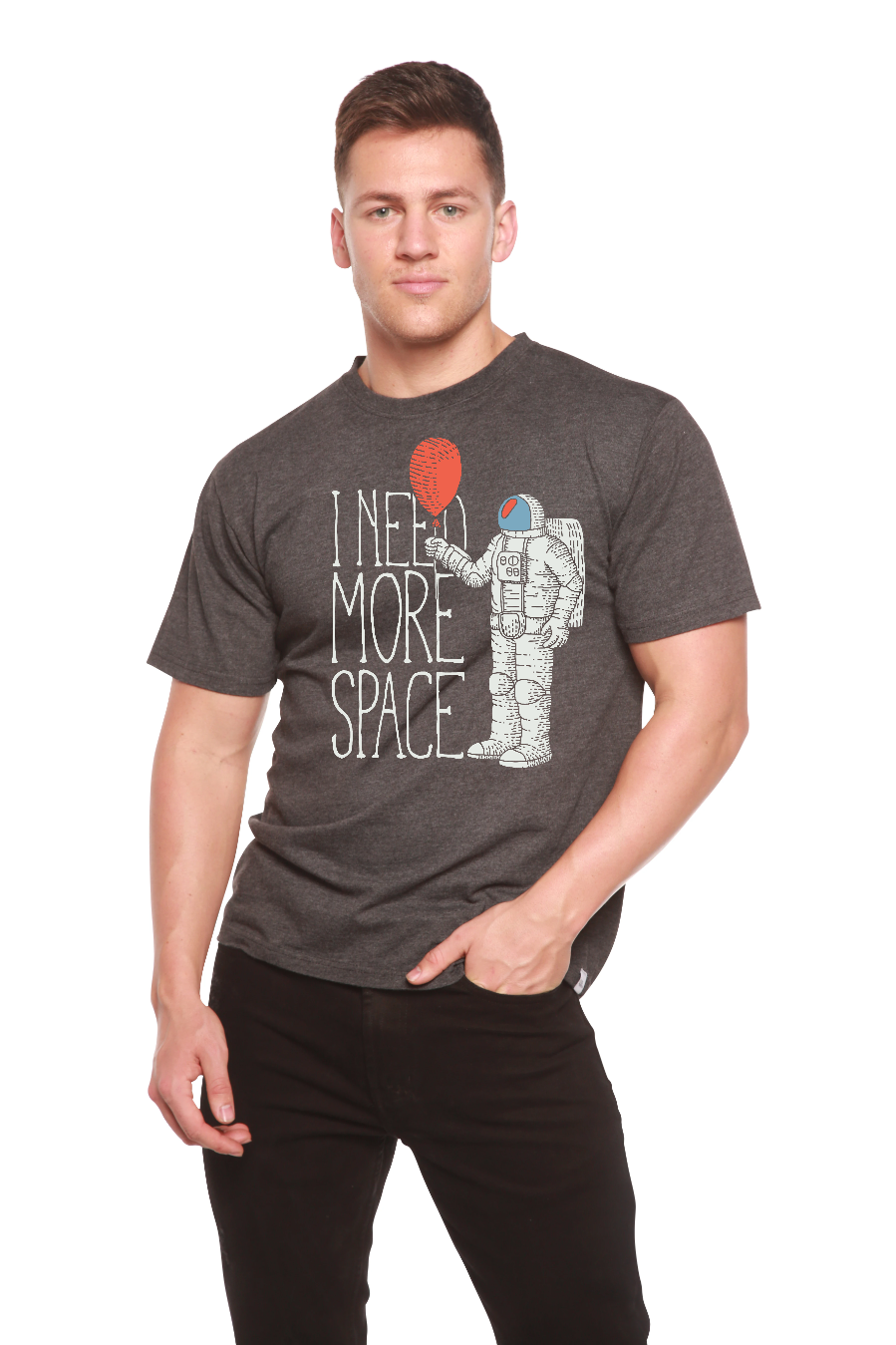 Gray men's bamboo viscose/organic cotton graphic tee with astronaut I NEED MORE SPACE print on Tampa Home & Garden Store