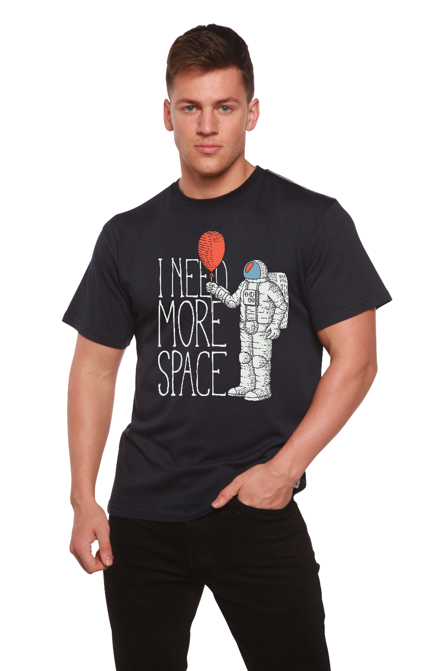 I Need More Space men's graphic T-shirt in navy with astronaut and red balloon by Spun Bamboo on Tampa Home & Garden Store