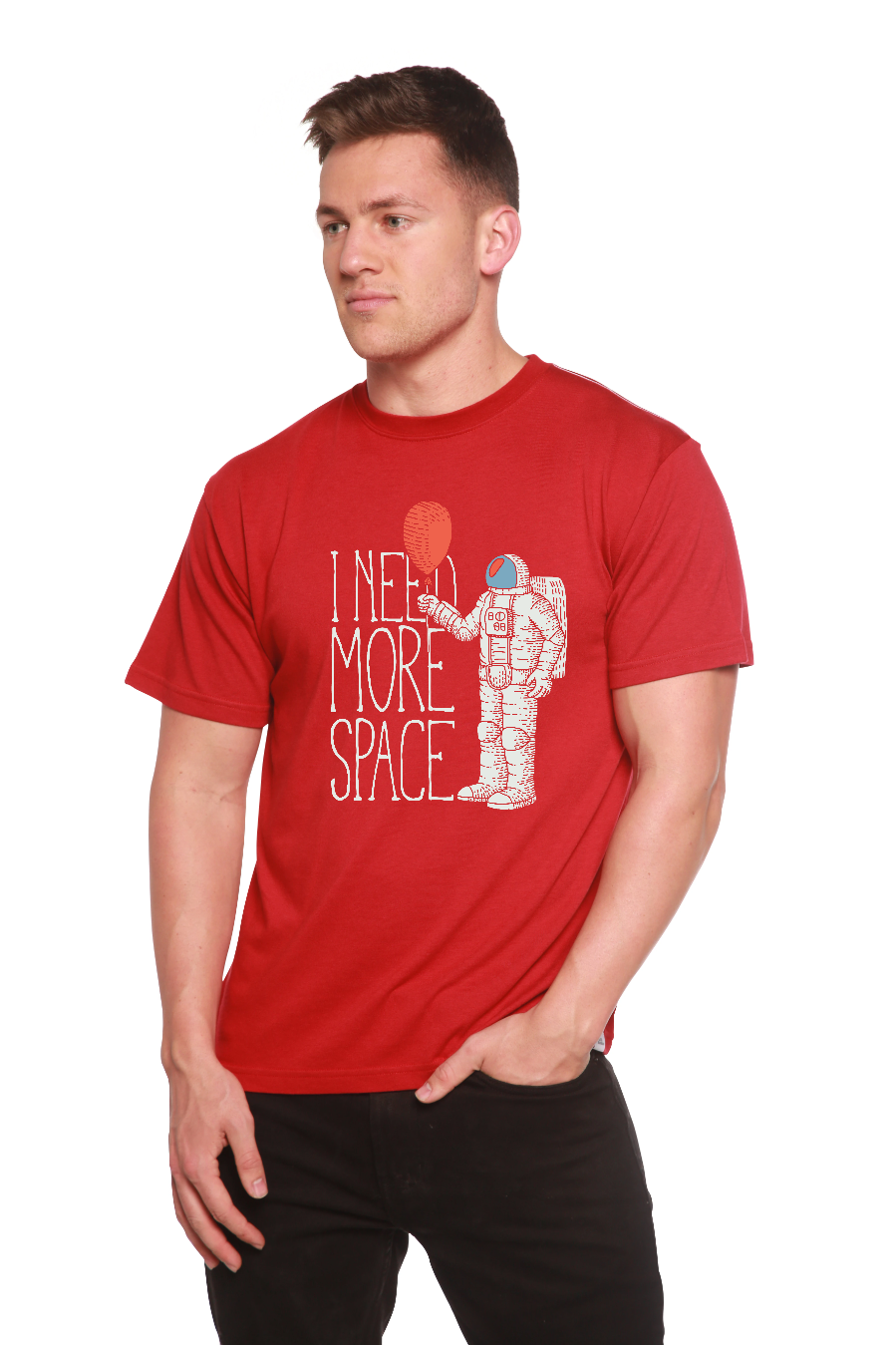 Mens bamboo viscose/organic cotton T-shirt with I NEED MORE SPACE print in red by Spun Bamboo on Tampa Home & Garden Store