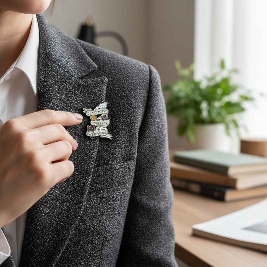 I Want to Pet Every Cat enamel pin on lapel of gray speckled blazer by Shaketea on Tampa Home & Garden Store