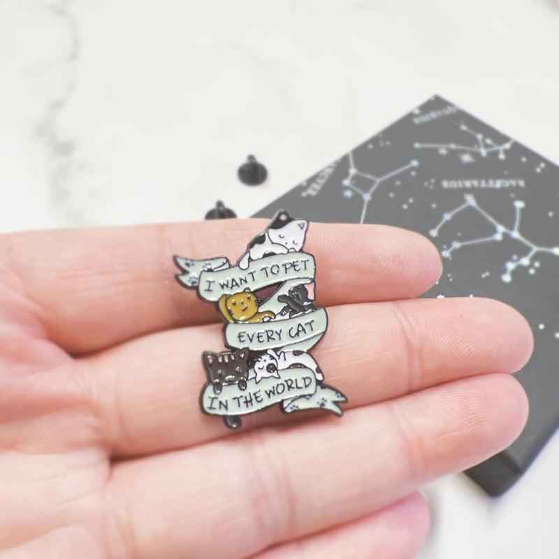 Cat enamel pin Shaketea white cats with banners I Want to Pet Every Cat In The World on Tampa Home & Garden Store