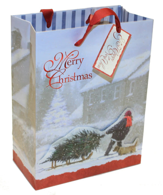 Gift bag traditional medium handmade light blue Merry Christmas design with red handles on Tampa Home & Garden Store