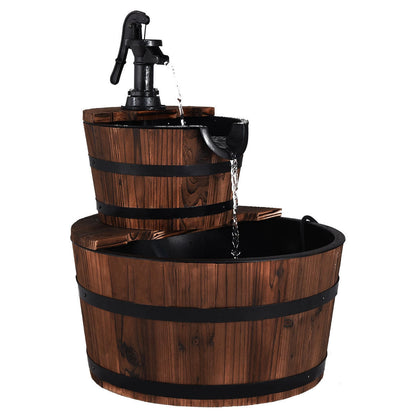 Fuente de barril de madera de dos niveles para exterior con bomba