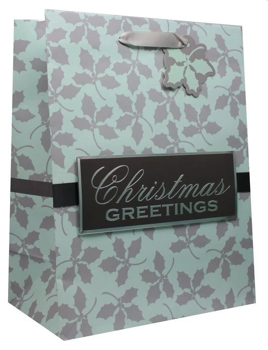 Traditional handmade Christmas gift bag with mint gray holly pattern and silver handle on Tampa Home & Garden Store