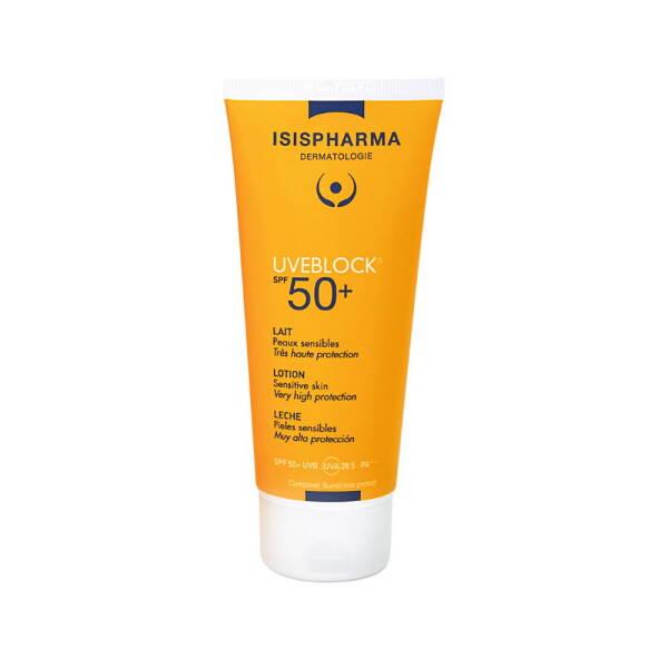 Isispharma Uveblock SPF 50+ sunscreen lotion orange tube for sensitive skin on Tampa Home & Garden Store