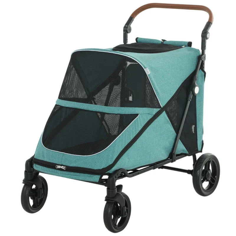 Dog stroller for large dogs teal fabric with brown handle, mesh windows and black frame on Tampa Home & Garden Store