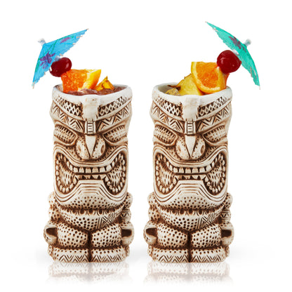 Pacific High Tide Tiki Mugs set of 2, carved ceramic with orange slice and cherry garnish on Tampa Home & Garden Store